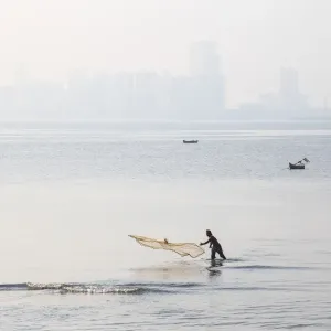 Black and White Print of Man Fishing at Chowpatty Beach
