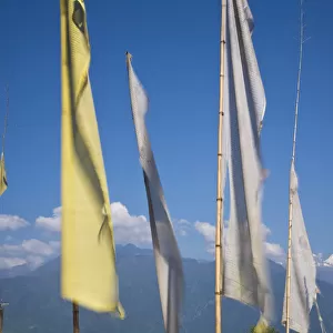 India, Sikkim, Pelling, Upper Pelling, Prayer flags and Kanchenjunga, Kangchendzonga