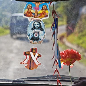India, West Bengal, Kalimpong, Looking through windscreen of taxi