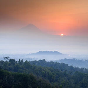 Indonesia, Java, Magelang, Merapi Volcano and Borobudur Temple at surise