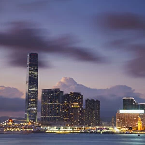 International Commerce Center (ICC) and Tsim Sha Tsui at dusk, Kowloon, Hong Kong, China