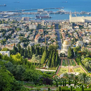 Israel, Haifa District, Haifa. Baha i Gardens and buildings in downtown Haifa
