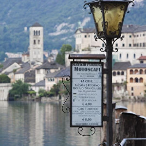 Italy, Piedmont, Lake Orta, Orta San Giulio, Isola San Giulio island, lake taxi sign