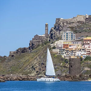 Italy, Sardinia, Sassari Province, Castelsardo, View over marina towards the ancient