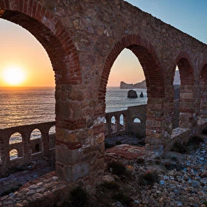 Italy, Sardinia, Sulcis-Iglesiente, Nebida. Sunset at washery Lamarmora ruins