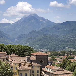 Italy, Tuscany, Serchio Valley, View of Barga and of the Apuane Alps on the background