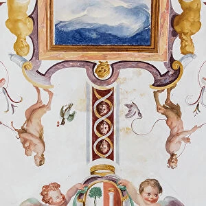 Italy, Umbria, Perugia, Colle Umberto, Villa of the Cardinals Hill, Fresco with the coat of arms of the Cornia-Colonna family in the Marquis Room