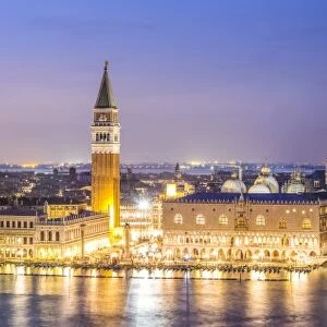 Italy, Veneto, Venice. High angle view of the city at dusk