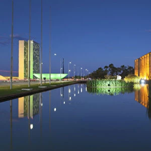 Itamaraty Palace and National Congress at dusk, Brasilia, Federal District, Brazil