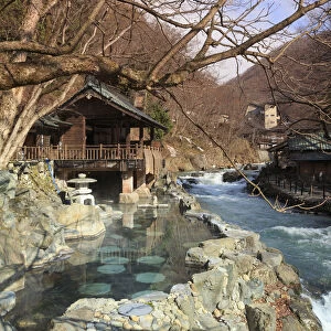 Japan, Gunma Prefecture, Takaragawa Onsen, outdoor hot springs along Takaragawa river