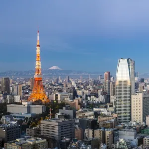 Japan, Tokyo, elevated night view of the city skyline and iconic illuminated Tokyo Tower