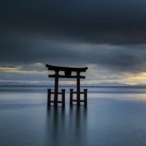 Japanese Torii Gate at Sunset, Lake Biwa, Takashima, Shiga Prefecture, Japan