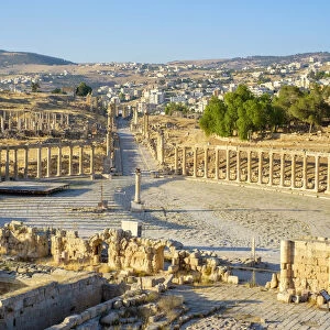 Jordan, Jerash Governorate, Jerash. Oval Plaza at the center of the ancient Roman