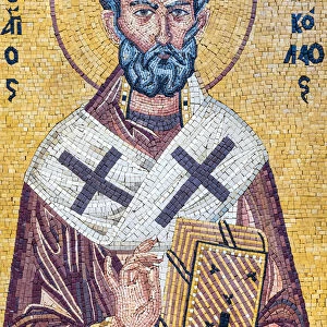 Jordan, Madaba Governorate, Madaba. Religious mosaic, depiction of Saint Nicholas