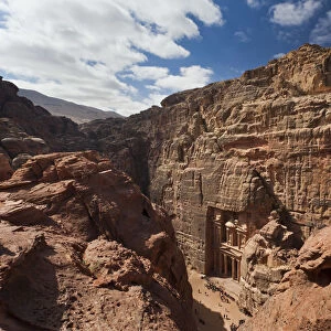 Jordan, Petra-Wadi Musa, Ancient Nabatean City of Petra, elevated view of the Treasury