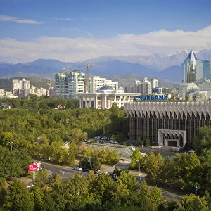 Kazakhstan, Almaty, View of square near Respublika Alangy looking towards Nurabank