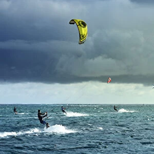 Kitesurfing off the Le Morne Peninsula, Mauritius, Indian Ocean