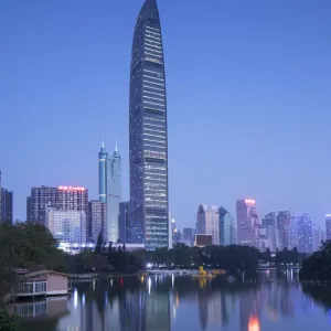 KK100 (KingKey 100) skyscraper and Lizhi Park, Shenzhen, Guangdong, China KK100 (KingKey 100) skyscraper and Lizhi Park, Shenzhen, Guangdong, China