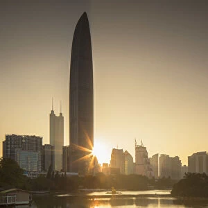 KK100 (KingKey 100) skyscraper and Lizhi Park at dawn, Shenzhen, Guangdong, China