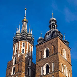 Krakow, Poland, North East Europe. Towers of the Saint Mary Basilica