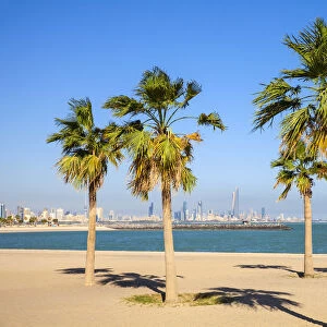 Kuwait, Kuwait City, Salmiya, Palm beach with city skyline in background