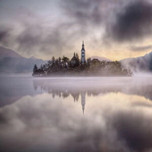 Lake Bled and Bled Island with the Assumption of Marys Pilgrimage Church at dawn