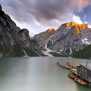 Lake Braies / Pragser Wildsee at sunset with Croda del Becco mountain on background