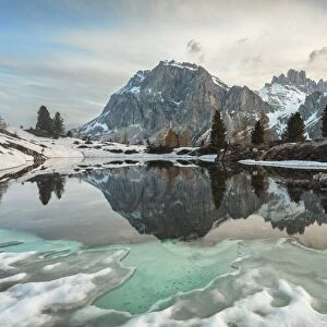 Lake Limedes in late spring, Dolomites, Belluno, Veneto, Italy. Group of Lagazuoi
