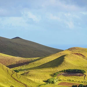 Landscape of the island seen from the way up to the Maunga Terevaka, Easter Island, Chile