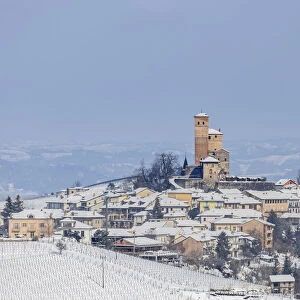 Langhe, Cuneo district, Piedmont, Italy. Langhe wine region winter snow, Serralunga