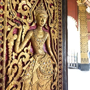 Laos, Luang Prabang. Decoration on a door, Wat Xieng Thong temple