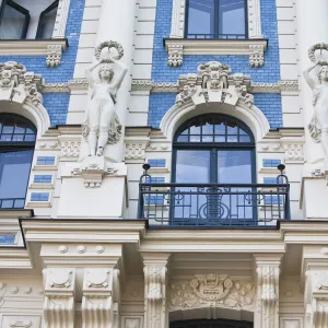 Latvia, Riga, Art Nouveau District, building detail at 4a Strelnieku Iela Street