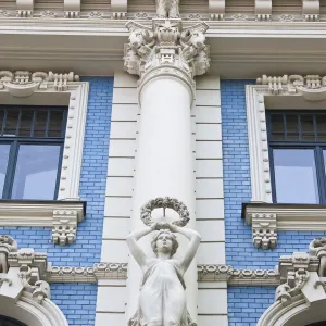 Latvia, Riga, Art Nouveau District, building detail at 4a Strelnieku Iela Street