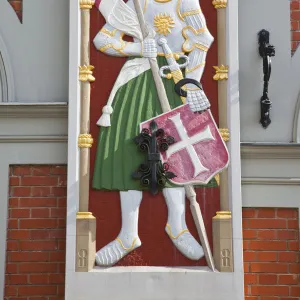 Latvia, Riga, Old Riga, Blackheads House, detail with patron saint, St. Mauritius