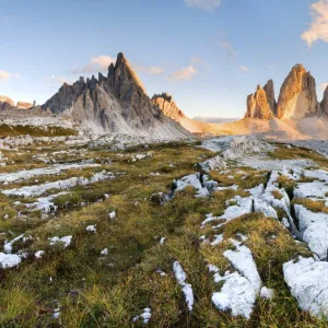 Lavaredos Three Peaks and Mount Paterno in a summers sunset, Dolomites