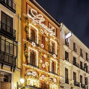Lhardy restaurant adorned with Christmas lights, Madrid, Spain