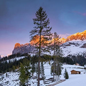 Last Light on Cantinaccio (Rosengarten) in Winter, Trentino, Dolomites, Italy