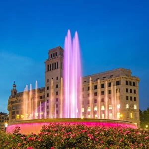 Light show at the new Plaza Catalunya fountain, Barcelona, Catalonia, Spain