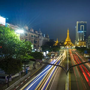 Light trails on street by Sule Pagoda against sky at night, Yangon, Yangon Region