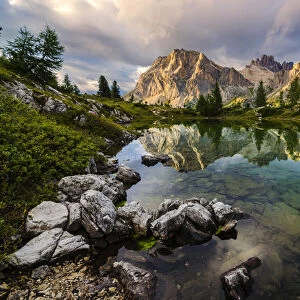 Limedes lake, Lagazuoi mount, Falzarego Pass, Dolomites, Veneto, Italy. Limedes lake