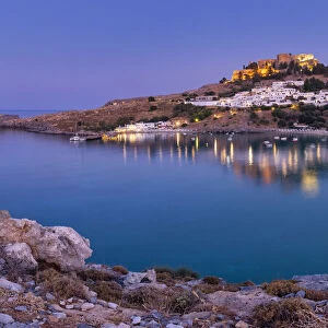 Lindos Acropolis & Megali Paralia Beach at Night, Rhodes, Dodecanese Islands, Greece
