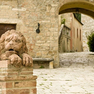 Lion guarding traditional village Lucignano d Asso, Valle de Orcia, Tuscany
