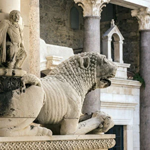 Lion statue guarding the entrance of the Cathedral of Saint Domnius in Split, Dalmatia