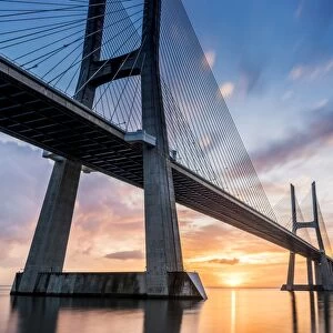 Lisbon, Portugal. Vasco Da Gama bridge at sunrise, the longest bridge in Europe