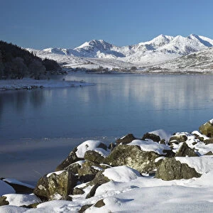 Llynnau Mymbyr with Snowdon mountain in Winter, Capel Curig, Snowdonia, Gwynedd, Wales