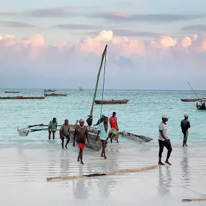 Local fishermen carrying their dhow up the beach, Nungwi, Zanzibar, Tanzania Local fishermen carrying their dhow up the beach, Nungwi, Zanzibar, Tanzania