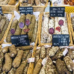 Local sausages or saucisson on sale at the market, Carpentras, Provence, France