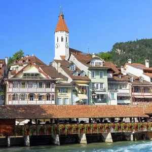 Mill Lock Bridge, Thun Town Church and Aare River, Thun, Canton of Bern, Switzerland Mill Lock Bridge, Thun Town Church and Aare River, Thun, Canton of Bern, Switzerland