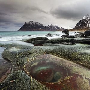 Lofoten, Norway. The famous eye of Utakleiv, one of the many features of the beach