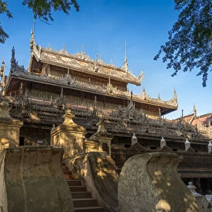 Low angle view of Shwenandaw Monastery made of teak wood, Mandalay, Mandalay Region